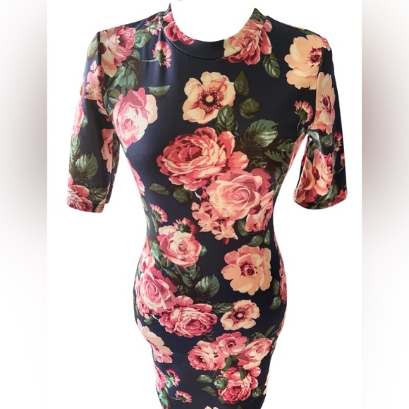 Dresses & Skirts - Floral Bodycon Dress Navy Pink Roses Half Sleeve Fitted Sheath Dress